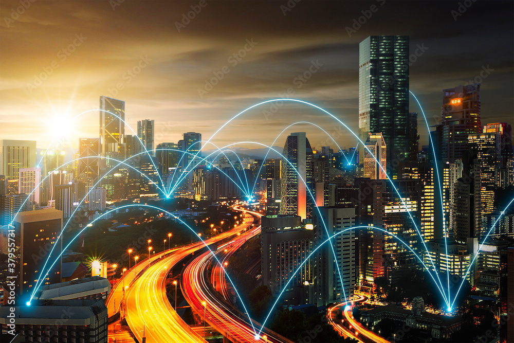 Network connection and technology concept with city skyline background ...