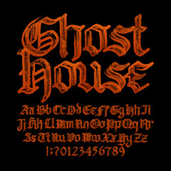 Poster - Ghost House alphabet font. Uppercase and lowercase gothic letters and numbers. Hand drawn vector typography for your Halloween typography.