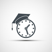 Clock With Graduation Cap On Top. Vector Icon.