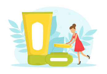 Wall Mural - Tiny Woman with Huge Cosmetic Bottles, Natural Hygiene Products for Woman Health and Treatment Cartoon Vector Illustration