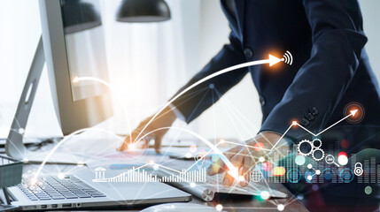 Fototapete - Businessman touching computer and laptop. Management global structure networking and data exchanges customer connection on workplace. Business technology and digital marketing network concept.