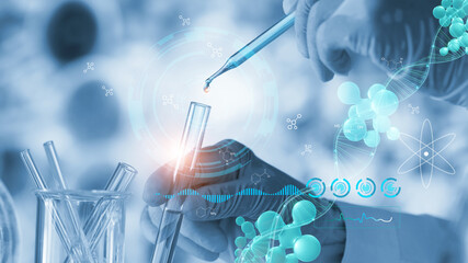 Wall Mural - science and medicine, scientists are experimenting analyzing with molecule model and dropping a samp