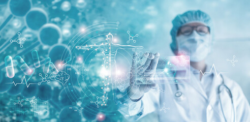 Wall Mural - medicine doctor holding hologram virtual interface electronic medical record. dna. analysis digital 