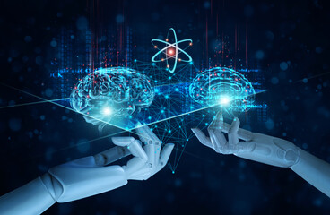 Fototapete - Hands of artificial intelligence (AI) touching a brains, Symbolic, Machine learning, of futuristic technology. Big data, Science, AI network on business analysis, innovative and business growth 