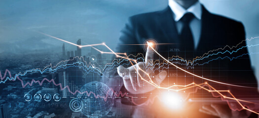 Poster - Businessman hand draw graph growth and progress working by analysis and business strategy, Finance and stock on global network.