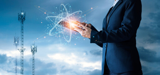 Fototapete - Businessman using tablet connect on global structure networking and data exchanges customer connection, Technology innovative business and worldwide communication network connection.