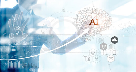 Poster - Businessman draw a network of brain Artificial Intelligence (AI) and chart of business on big data technology on virtual interface, Innovative and futuristic marketing, iot and  Industry 4.0.