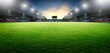 Sunset scene illumination soccer stadium and green grass field. 3D rendering