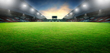 Sunset Scene Illumination Soccer Stadium And Green Grass Field. 3D Rendering