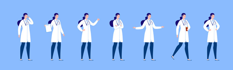 Wall Mural - Doctor character creation set with various poses and gestures. Isolated. Female doctor.