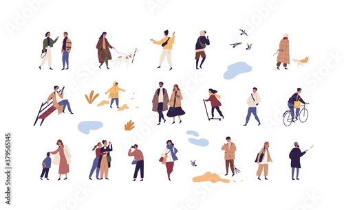 Cuadros en Lienzo Set of people walk and performing outdoor activity at autumn season vector flat illustration