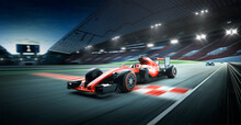 Race Driver Pass The Finishing Point And Motion Blur Background. 3D Rendering