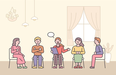 Wall Mural - People who attend group meetings and chat. flat design style minimal vector illustration.