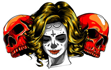 Poster - Girl with skeleton make up hand drawn vector sketch.