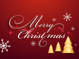 Poster - Merry Christmas Font with 3D Golden Xmas Trees and Snowflakes Decorated on Red Bokeh Effect Background.