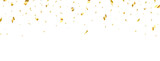 Fototapeta  - Golden confetti long banner. Celebration background with gold confetti. Shiny party card. Bright festive tinsel. Luxury glitter holiday design elements. Vector illustration