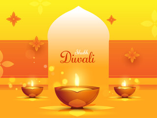 Canvas Print - Glossy Yellow and Orange Background Decorated with Flowers and Lit Oil Lamps (Diya) on the Occasion of Shubh (Happy) Diwali.