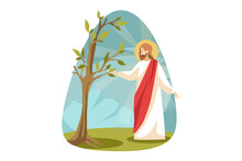 Religion, Bible, Christianity Concept. Jesus Christ Son Of God Messiah Prophet Biblical Religious Character Making Dried Dead Tree To Blossom. Divine Support And Miracle Resurrection Illustration.