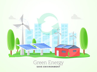 Sticker - Green Energy & Save Environment Concept with House Illustration, Solar Panels, Windmills and Trees on White Background.