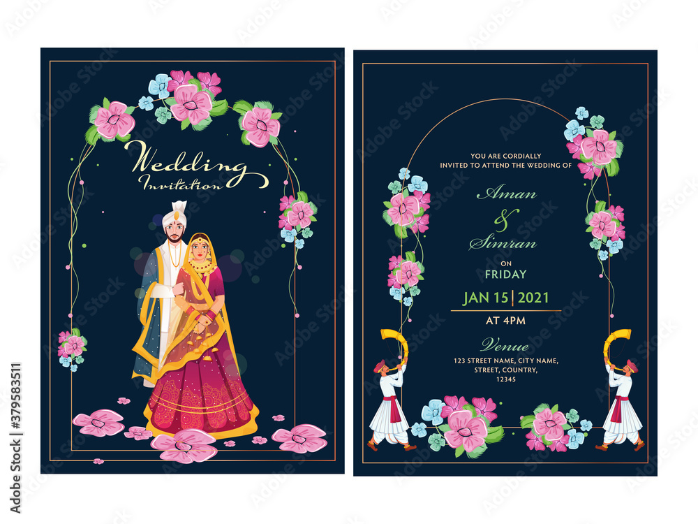 Floral Wedding Invitation Card Design Set with Indian Couple Image and Venue Details. - obrazy, fototapety, plakaty 