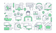 © Sir.Vector - Work from home concept with line icons. Vector horizontal illustration included icon as freelance worker with laptop, workplace, pc monitor, business man green pictogram for remote job brochure