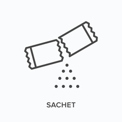 Sachet flat line icon. Vector outline illustration of torn plastic wrapper with sugar powder. Soluble drug thin linear pictogram