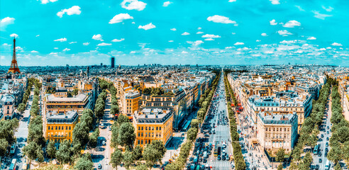 Fototapete - PARIS, FRANCE- JULY 06, 2016 :Beautiful panoramic view of Paris from the roof of the Triumphal Arch. Champs Elysees and the Eiffel Tower.