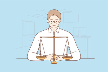 Law, justice, notary, work concept. Young happy smiling man guy clerk manager lawyer attorney judge sitting near scale demonstrating guilty weight. Court authority and judicial system illustration.