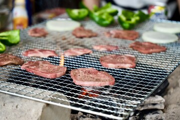 Grilled beef tongue on the grill in Japan.