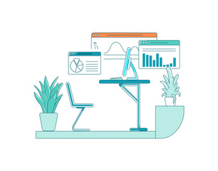 Fototapete - Employee desk flat color vector scene. Chart with information. Diagrams with data. Desktop with computer. Cabinet space isolated cartoon illustration for web graphic design and animation