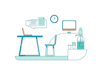 Fototapete - Corporate office flat color vector scene. Desktop with computer. Employee workspace. Online remote communication. Cabinet space isolated cartoon illustration for web graphic design and animation