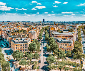 Fototapete - Beautiful panoramic view of Paris from the roof of the Triumphal Arch. Montparnasse Tower.