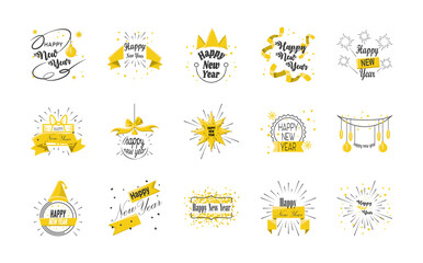 Sticker - Happy new year detailed style set icons vector design