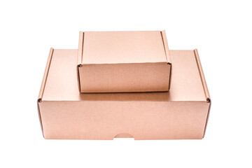 Set of two brown cardboard flat postal box, case, isolated