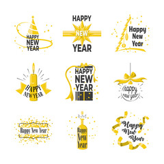 Sticker - Happy new year detailed style icon set vector design