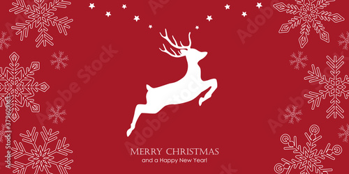 Fotomural red christmas greeting card with jumping deer and snowflake border vector illust