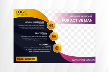 Horizontal flyer design template for skin care for active man use dark blue background and orange purple gradient for element design. Space for photo collage. 