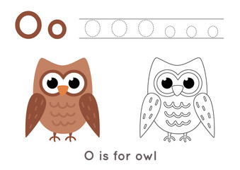 Wall Mural - Coloring and tracing page with letter O and cute cartoon owl.