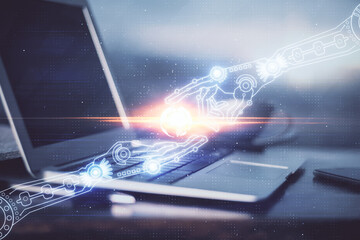 double exposure of desktop computer and technology theme hologram. concept of software development.