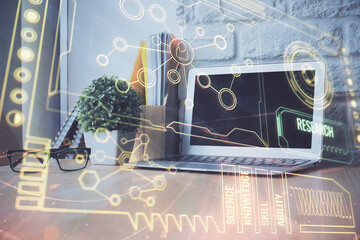 double exposure of desktop computer and technology theme hologram. concept of software development.
