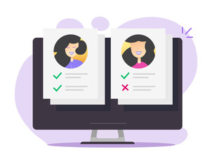 Poster - Personal identity or skills comparing online check list document, choosing candidate and human resources concept on computer screen, customer profile info on pc modern design