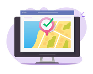 Aufkleber - Digital map gps web location online and pin pointer internet destination on computer pc screen vector, internet website navigation position marker, roadmap new local route point flat isolated