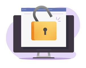 Aufkleber - Unlocked web access online computer with open padlock vector, pc internet insecure or theft idea flat cartoon icon, digital security login, private account opened, internet spyware symbol