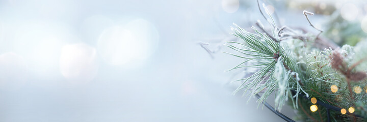 Rime covered fir branches in winter
Rime covered green fir tree branches with festive bokeh. Horizontal close-up with short depth of field for a winter and christmas concept.