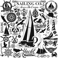 Wall Mural - Maritime nautical clipart collection sailing and marine design elements vector silhouette 