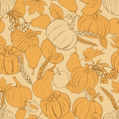 Wall Mural - seamless autumn pattern with harvest. seamless pattern with pumpkins, apples, pears and berries
