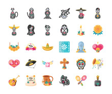Mexican Day Of Dead Detailed Style 30 Icon Set Vector Design