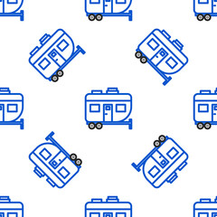 Poster - Line Rv Camping trailer icon isolated seamless pattern on white background. Travel mobile home, caravan, home camper for travel. Colorful outline concept. Vector.