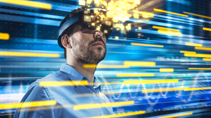 Wall Mural - Caucasian Male IT Server Specialist Wearing Futuristic VR Helmet and Working in Data Center. Concept Shot of High-Speed Internet Visualization and Data Transferring Lines in the Foreground