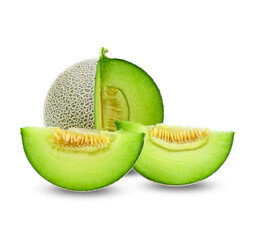 Wall Mural - whole and slice of japanese melons,green melon isolated on white background